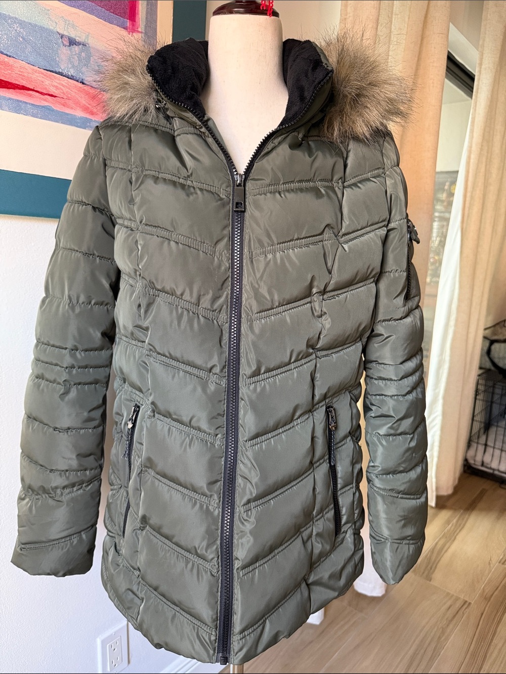 Nautica Black Coat with Olive Label and Black Fur Collar